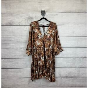Aakaa Plus Size Tan Floral V-Neck Satin Statement Hem Waisted Dress Size 3X